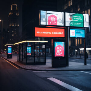 blank billboard on bus stop shelter at night